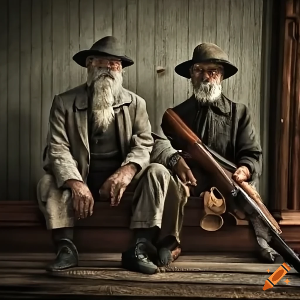 Elderly men with shotguns sitting on a porch