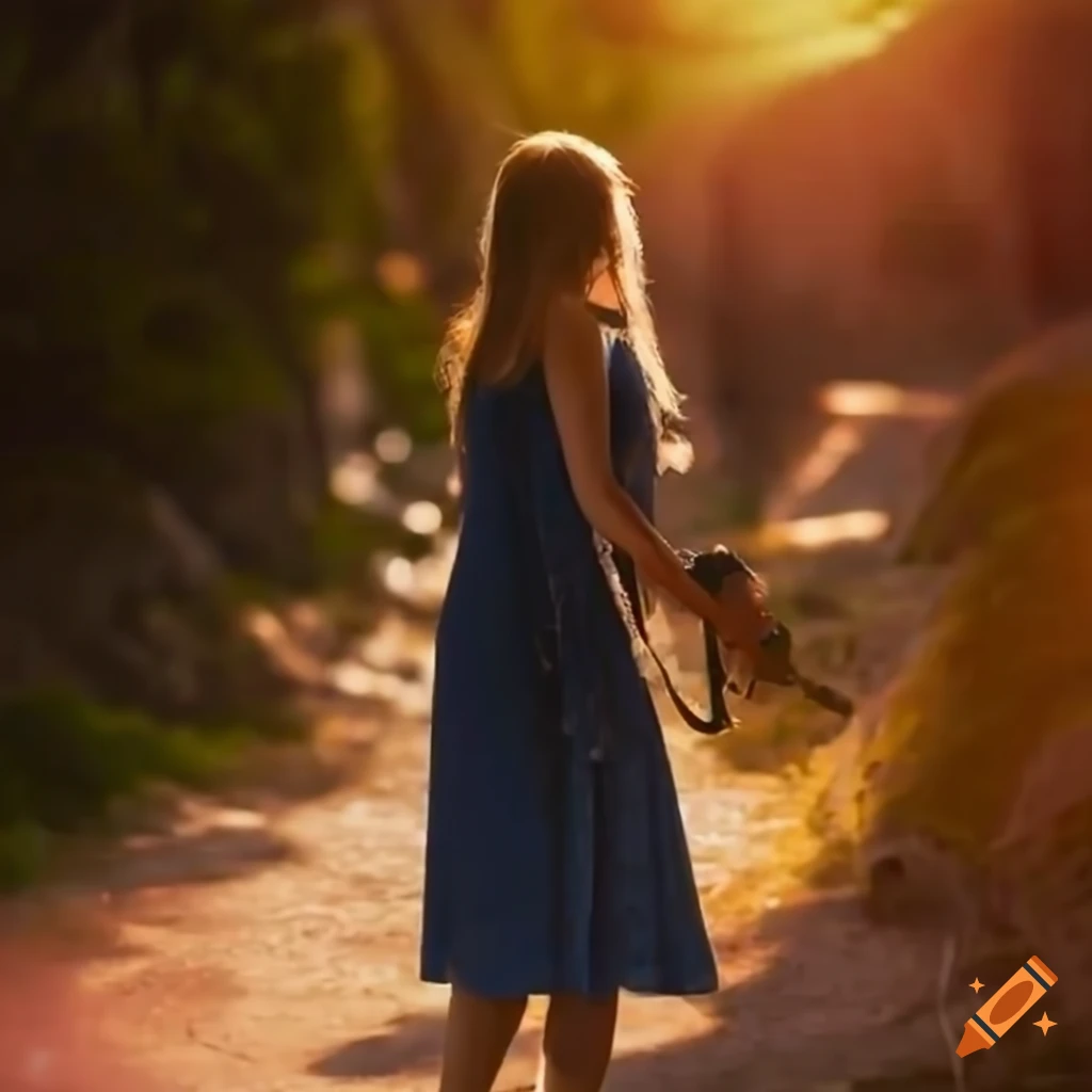 Beautiful young lady walking in a charming village