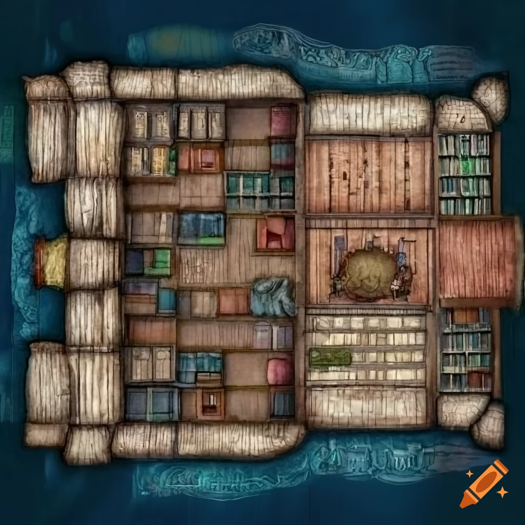 Top view of a large and spacious library in an rpg map on Craiyon