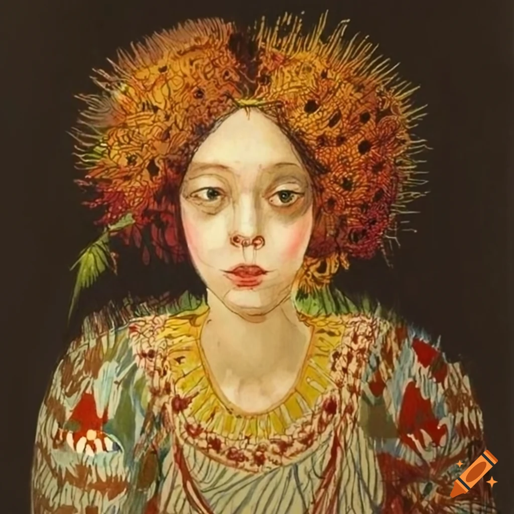 Woman with allium flowers in her hair in a fashion drawing by E. Sotoko