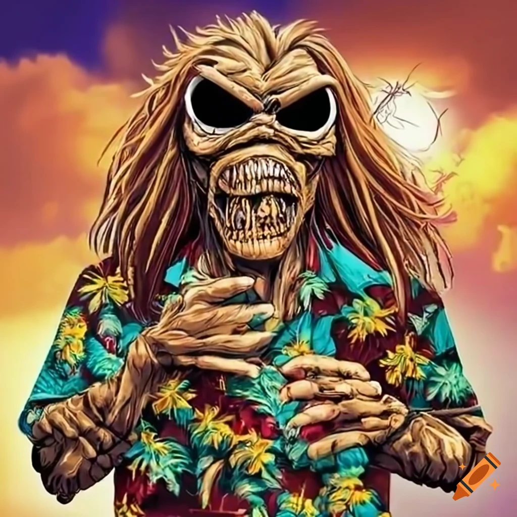 Iconic Iron Maiden mascot Eddie in a Hawaiian shirt with sunglasses