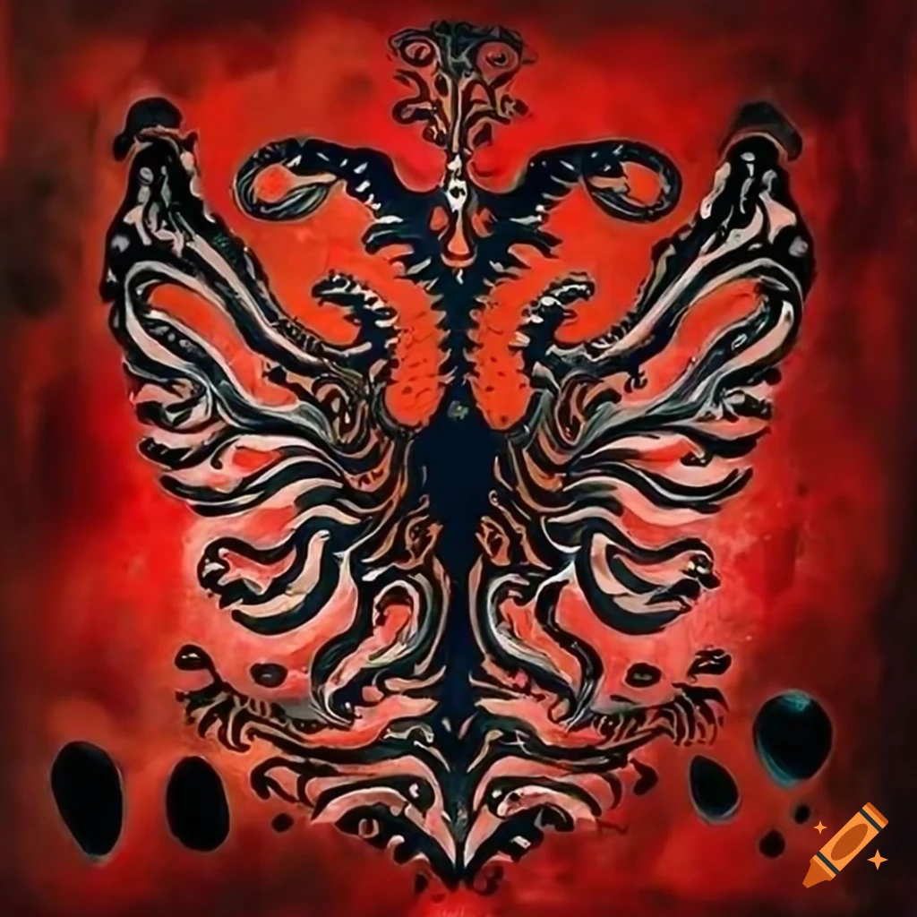 Vibrant 'Albania' artwork with traditional Albanian motifs
