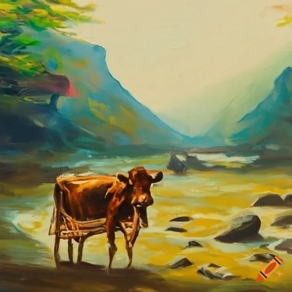 1970s Korean countryside oil painting with a cow drawn by a plow