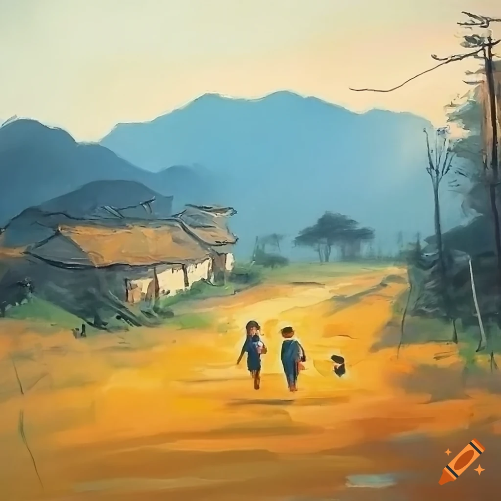 Korean countryside children going to school in the 1970s in an oil painting style