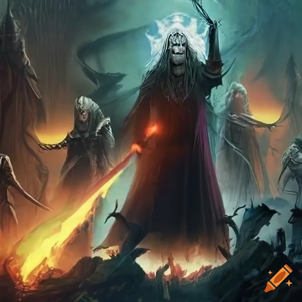 Epic battle scene from Lord of the Rings universe with Valar, Maiar, Melkor, and Mairon