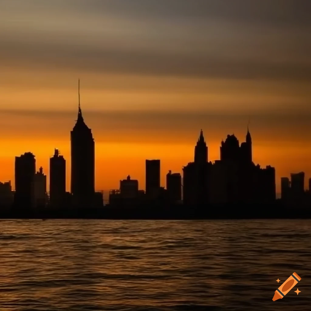 City skyline along the coastline with sunrise between skyscrapers