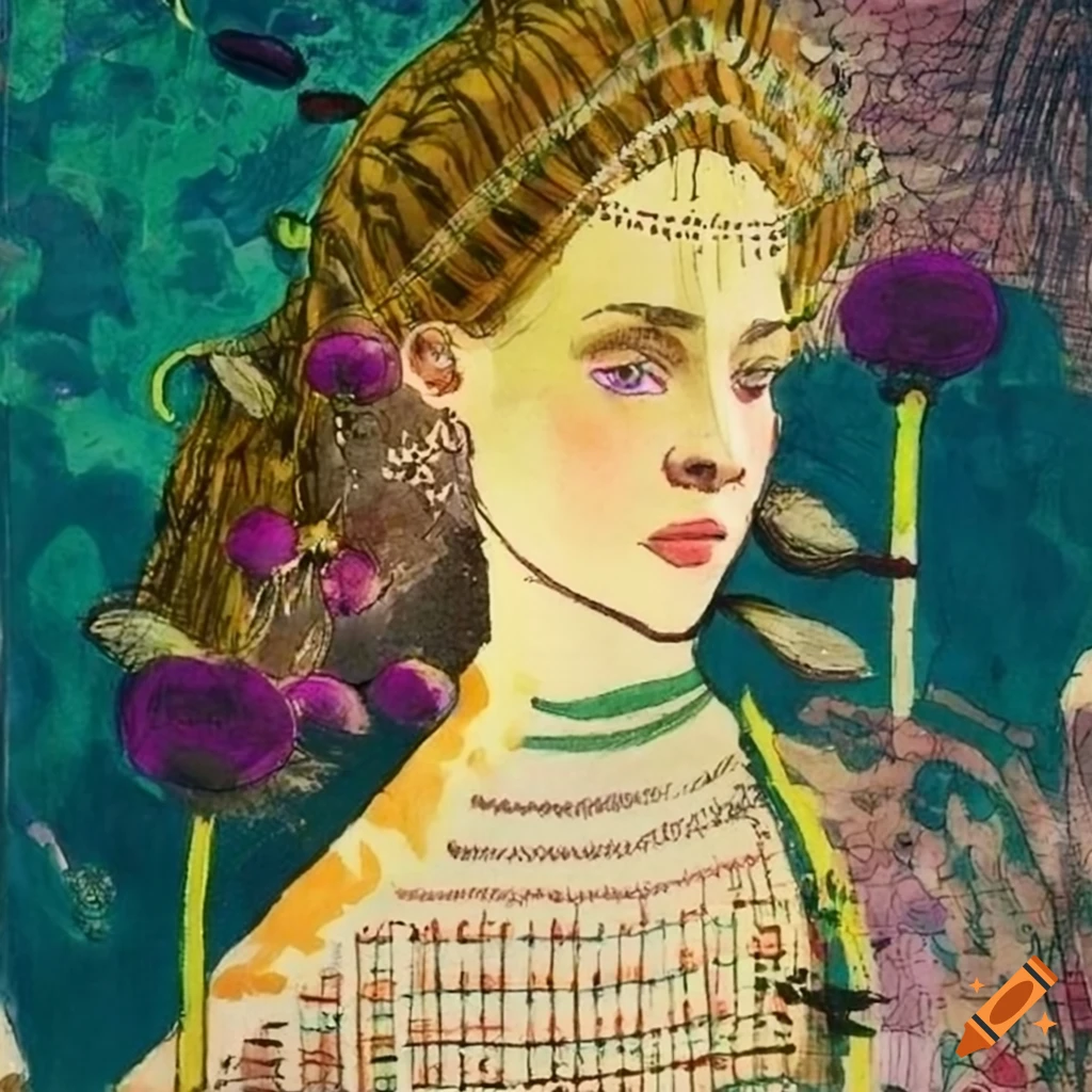 Woman with allium flowers in her hair in a fashion drawing by E. Sotoko