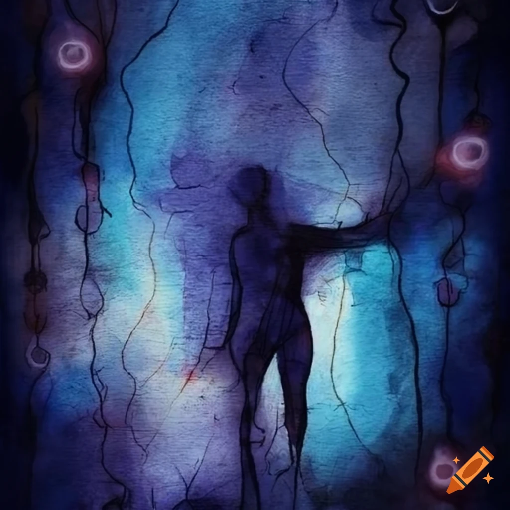Abstract watercolor artwork of a figure pushing against a wall surrounded by quantum lights on dark indigo