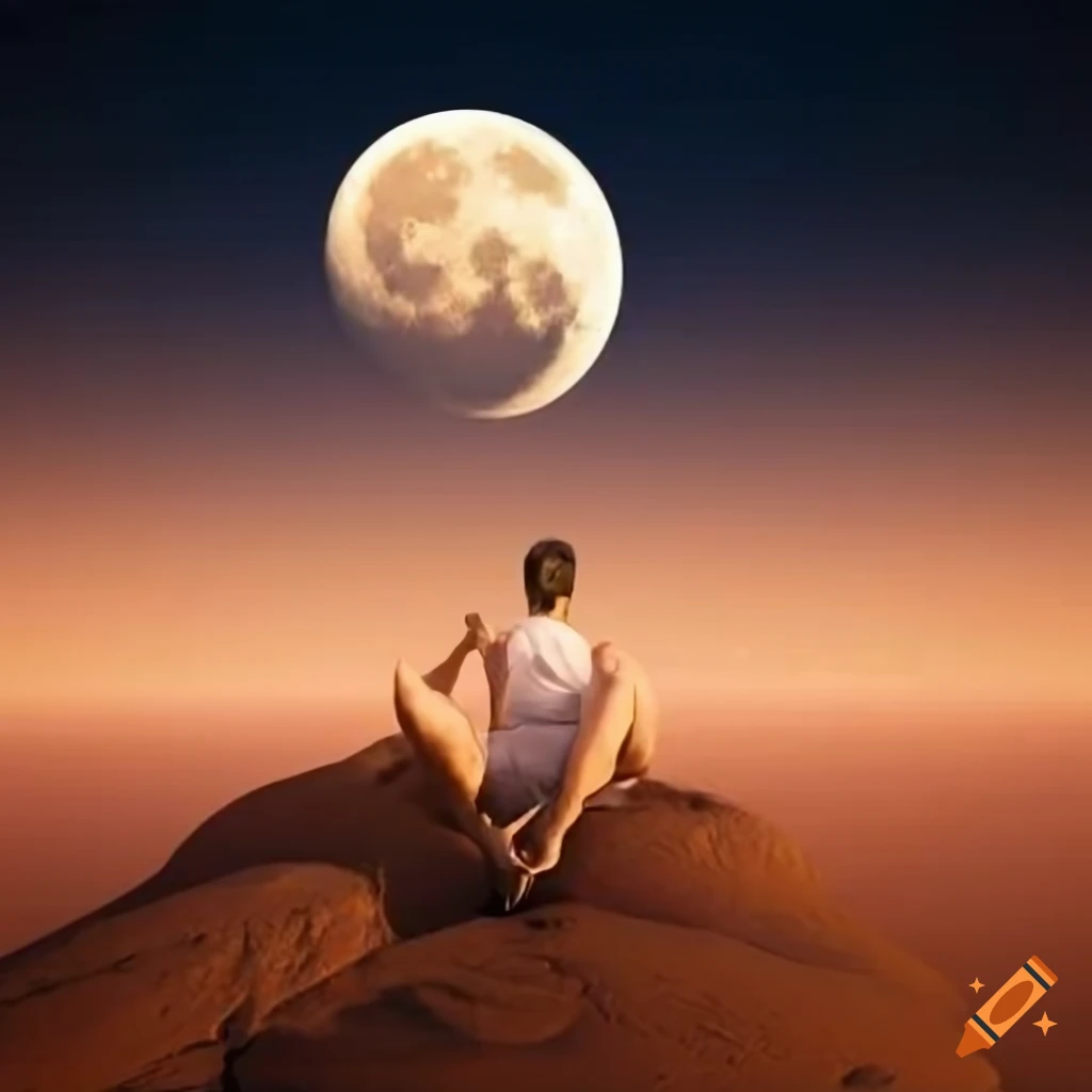 Young man sitting on a rock in the desert pointing towards the crescent ...