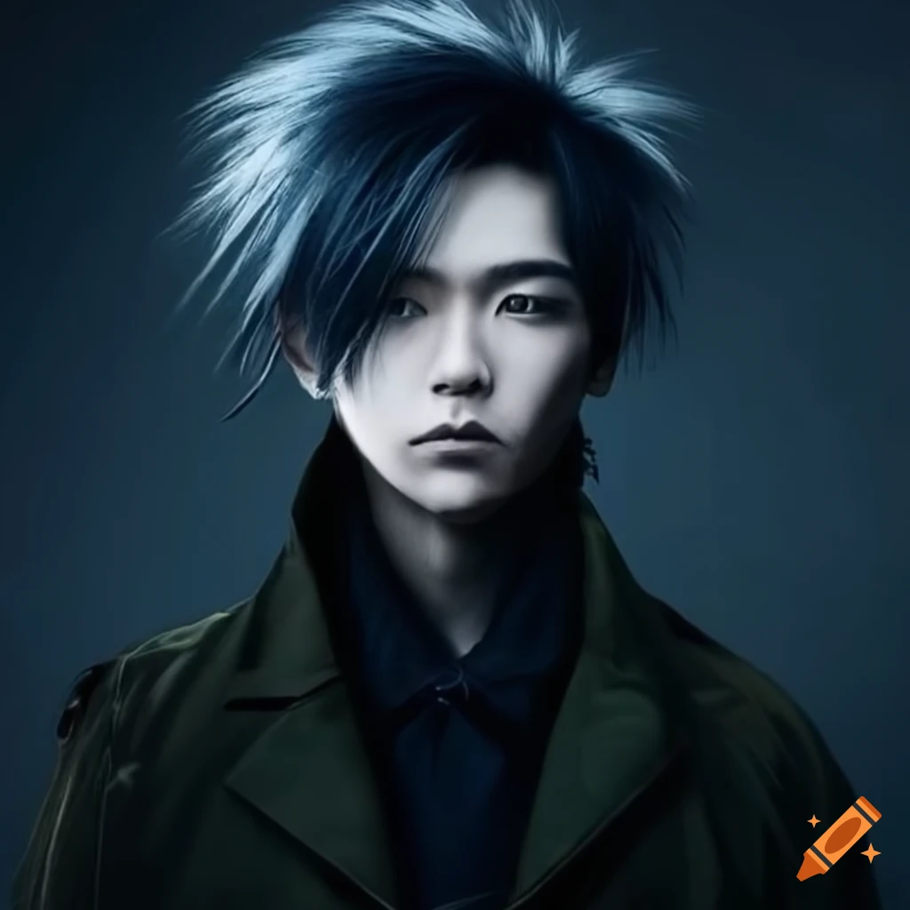 Japanese man with spiky black hair and ice-blue eyes in dark attire