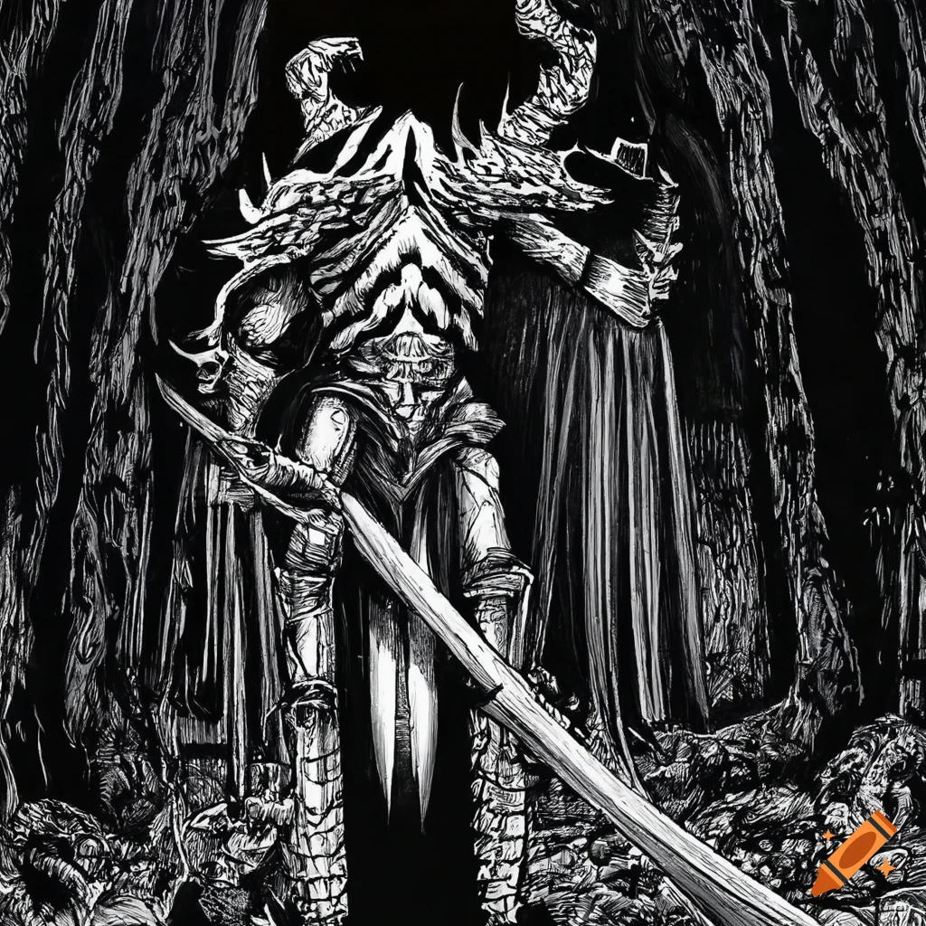 Death knight full-length portrait by Junji Ito in horror manga style