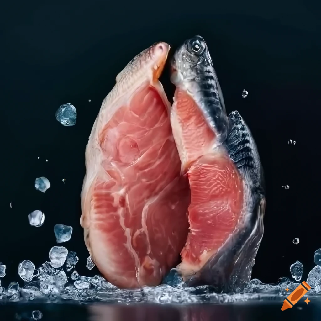 Juicy steaks and fresh fish on ice background, detailed cuts with water drops