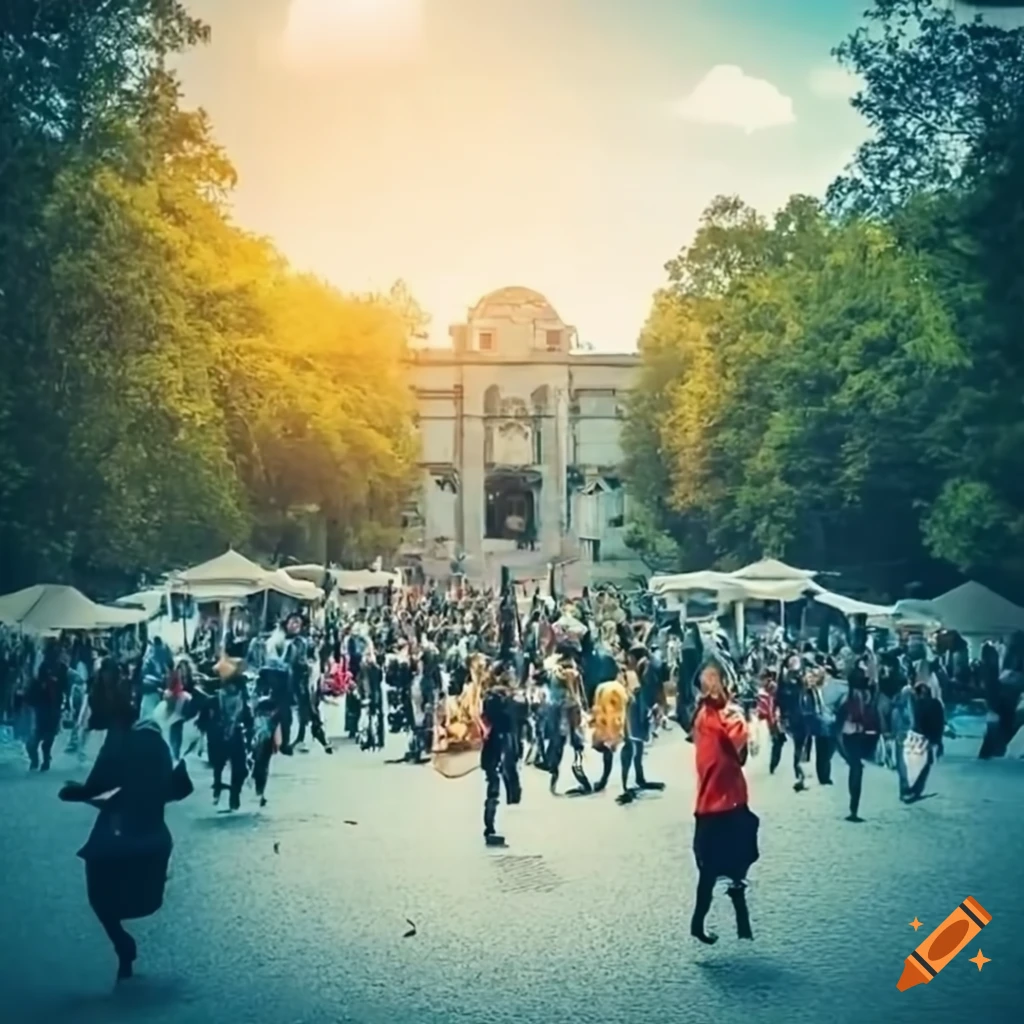 Busy university campus with diverse students engaged in activities