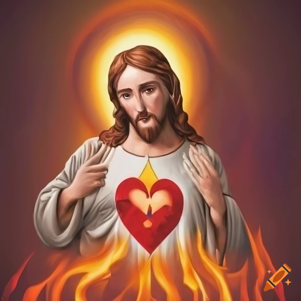 Illustration of a white flag with a Jesus heart design engulfed in orange and yellow flames