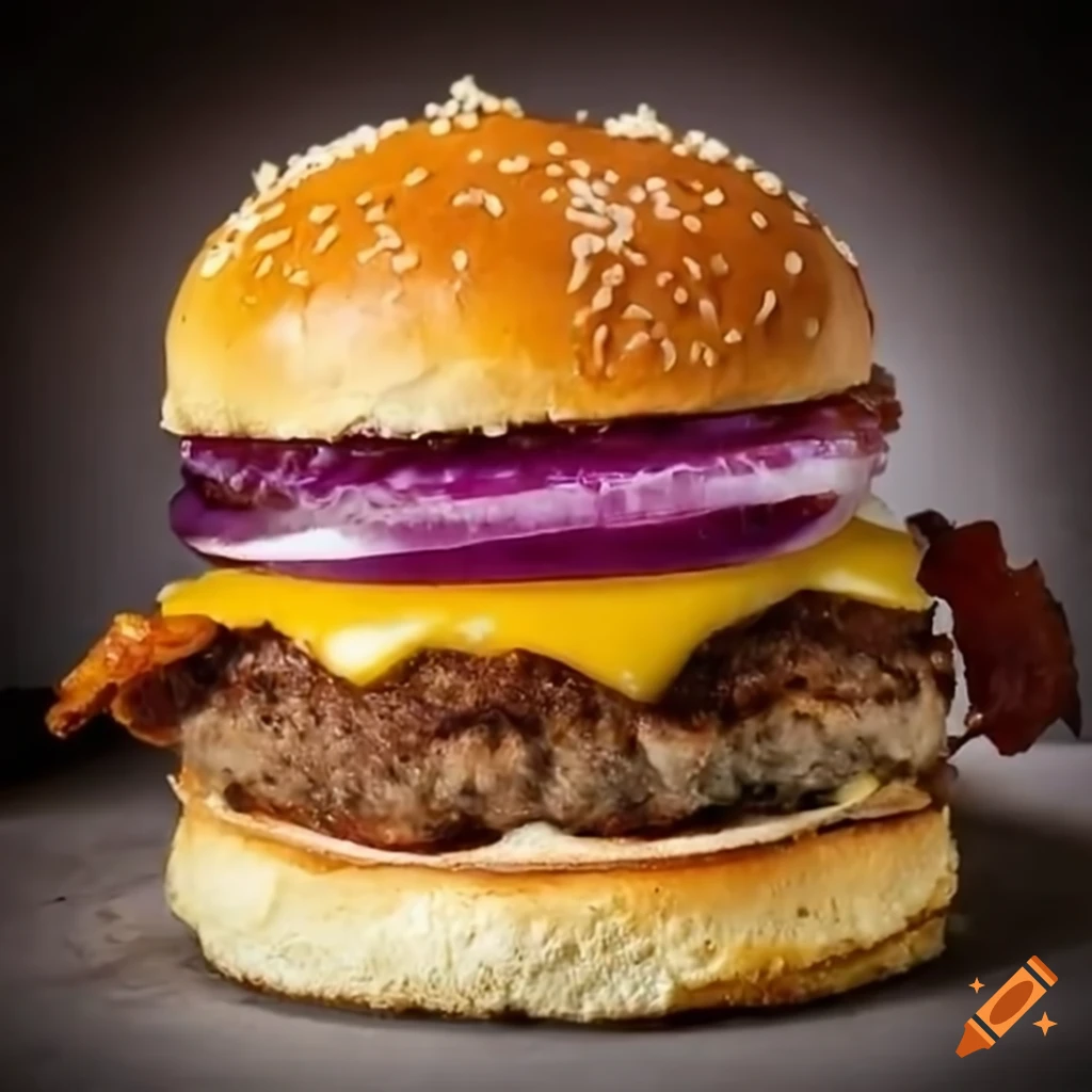Delicious ultra-realistic burger with mozzarella cheese and bacon strips