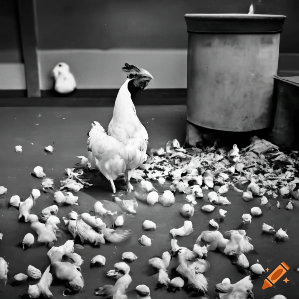 Jelly fungus surrounded by chickens and trash in an airport hall