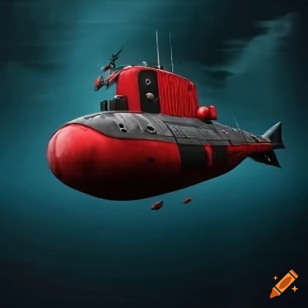 Red and black pirate submarine in battle scene on Craiyon
