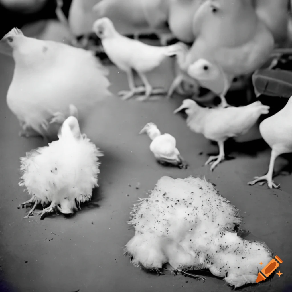 Jelly fungus wig head livestock farming granular white chicken surrounded by small chickens in an airport hall, poultry black and white 1960