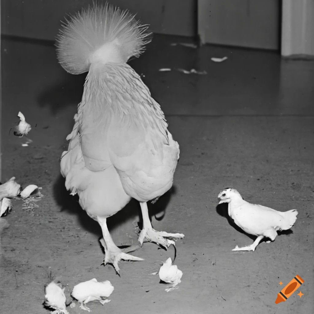 Jelly fungus wig head livestock farming white chicken with small chickens in an airport hall