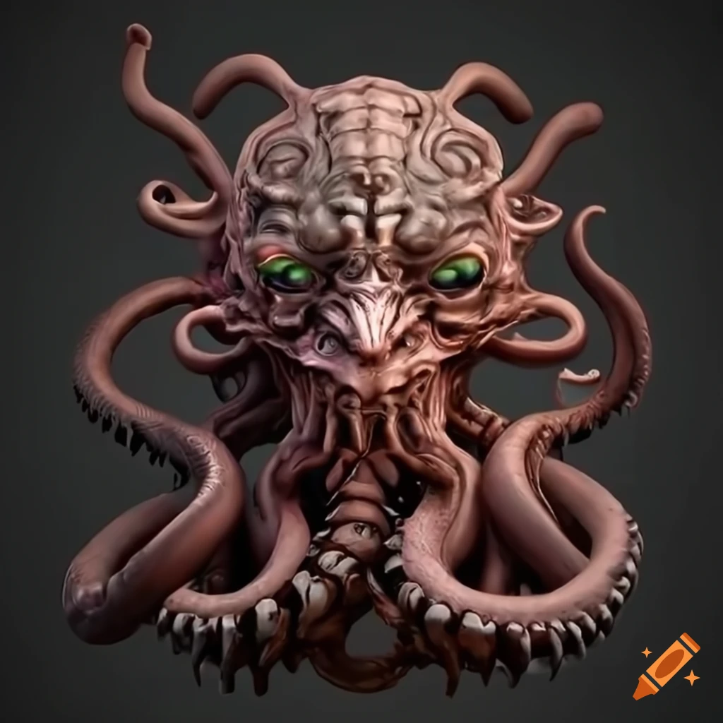 3D rendering of a Lovecraftian biomechanical mythological beast's head with tentacles
