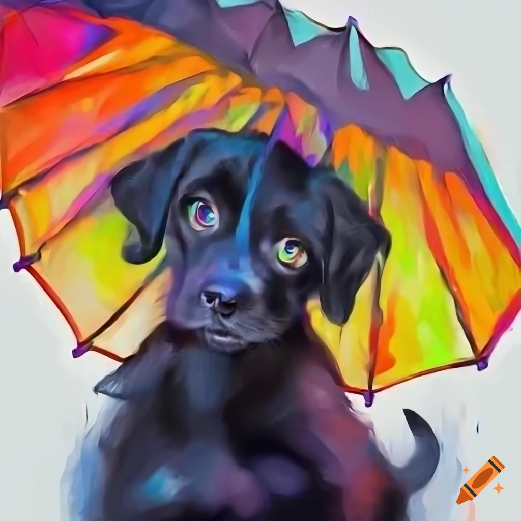 Black pup under umbrella in the rain on white background