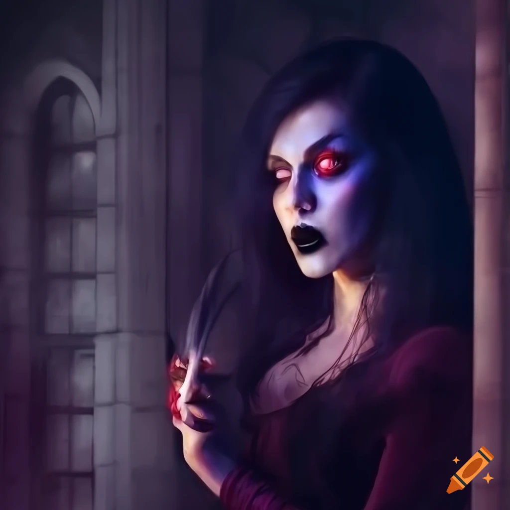 Pale skin vampire woman with black lipstick in an abandoned castle with moonlight