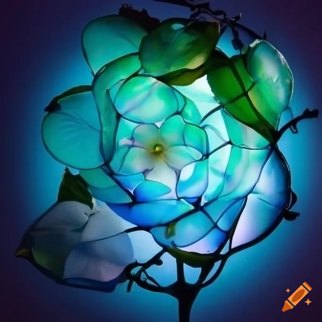 Blue and green flower under glass sculpture
