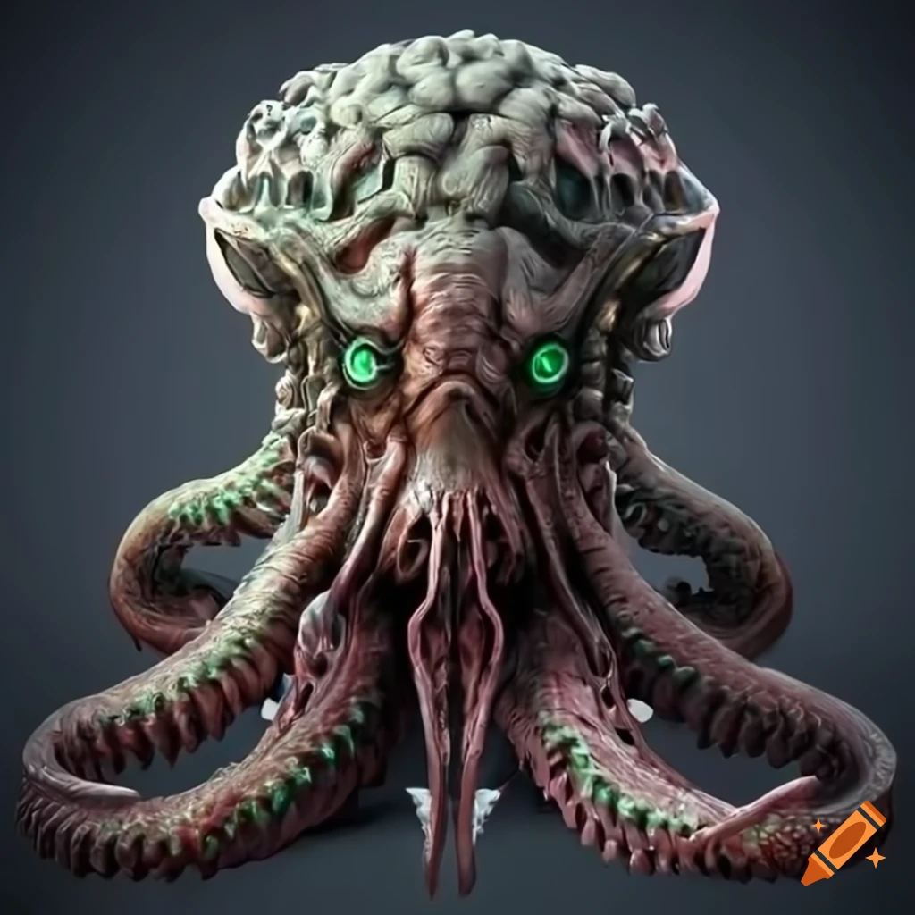 3D rendering of a Lovecraftian biomechanical mythological beast's head with tentacles