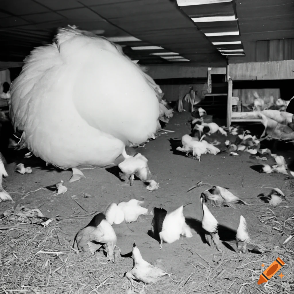 Jelly fungus wig head on chicken surrounded by small chickens and garbage in airport hall