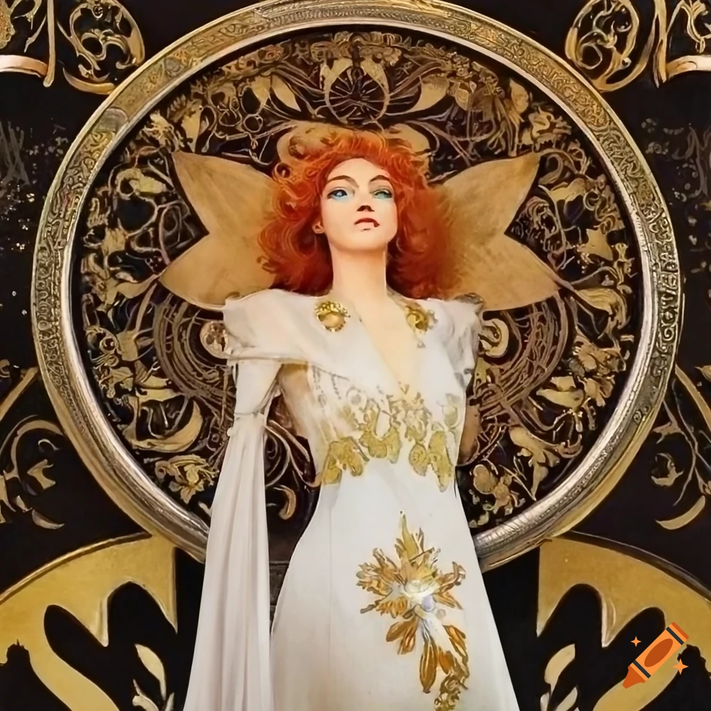 Celestial goddess in white leather with intricate golden designs