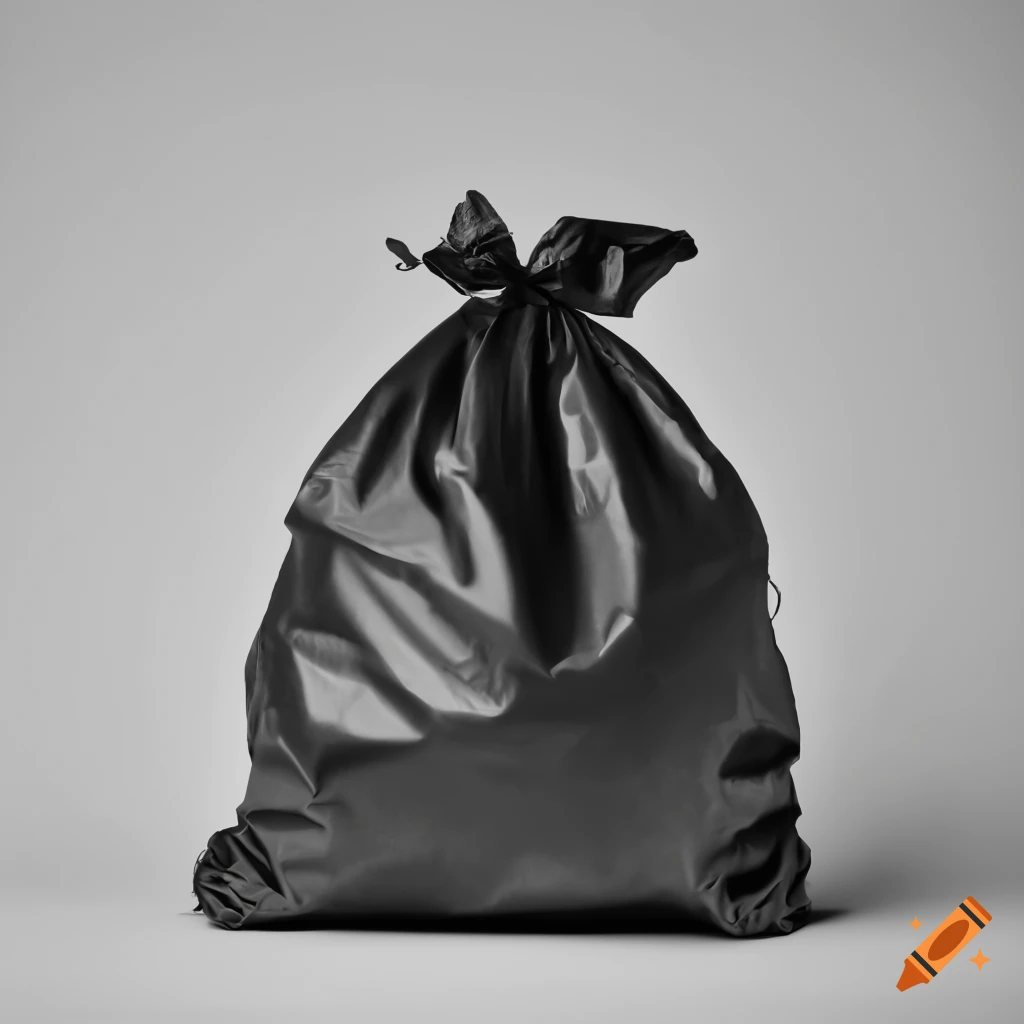 Black garbage bag on white minimalist background