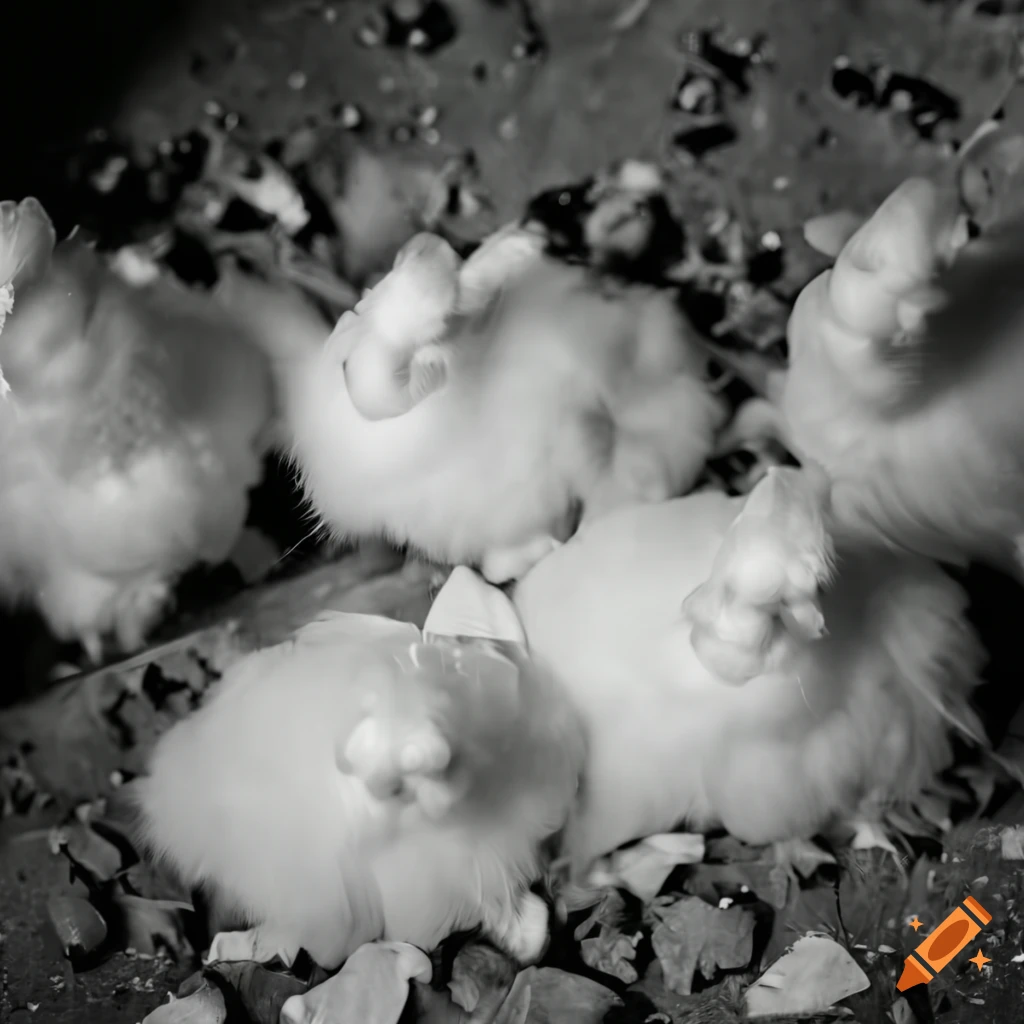 Jelly fungus chicken surrounded by small chickens in airport poultry farming setting, black and white