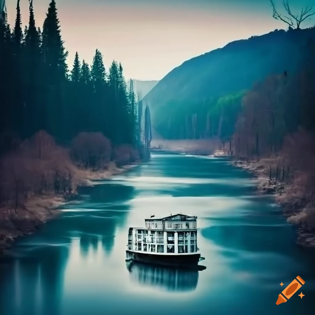 Wide river with an old white steamboat and metal bridge
