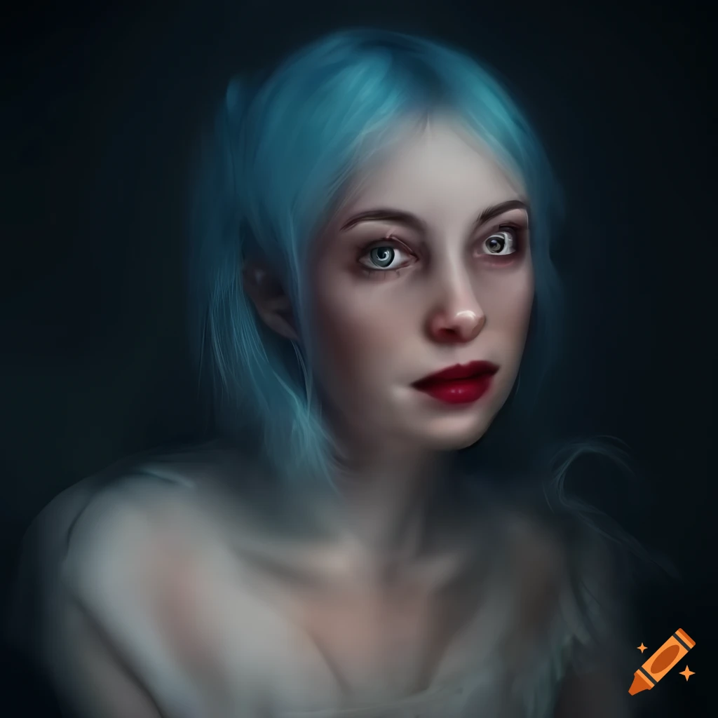 Ethereal woman with pale skin, light blue hair, black eyes, and red lips in a dark bedroom