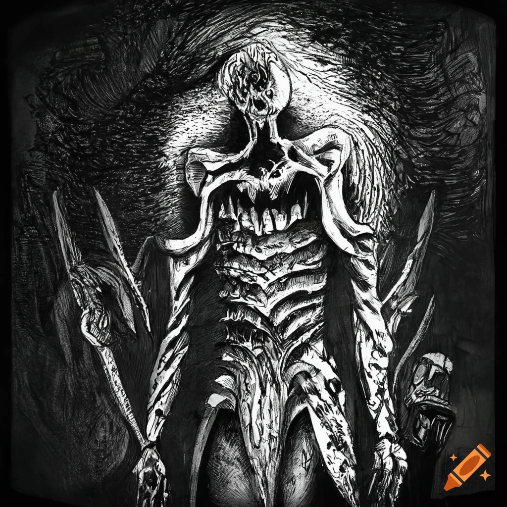 Death knight full-length portrait by Junji Ito in horror manga style