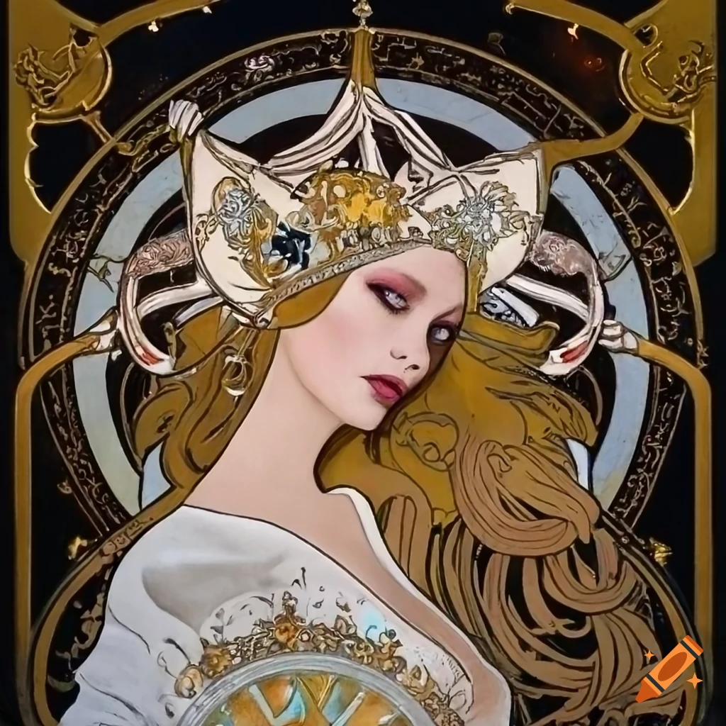 Celestial goddess in white leather with intricate golden designs