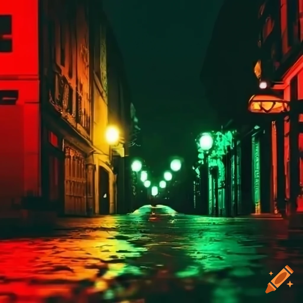 Semáforo con luces rojo, amarillo y verde en una calle neón borrosa de noche  on Craiyon, image size:1024x1024