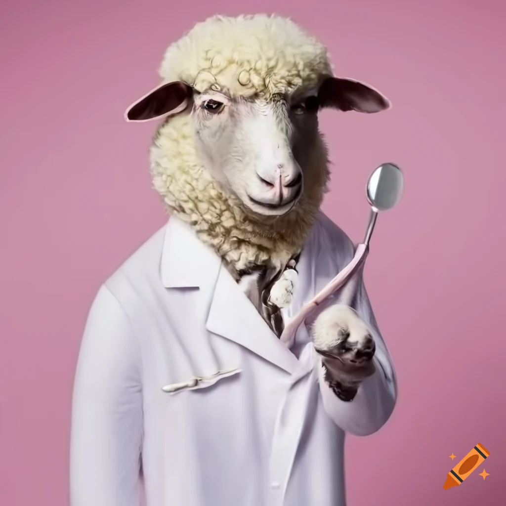 Sheep in lab coat holding a mouth mirror in a dental chair setting
