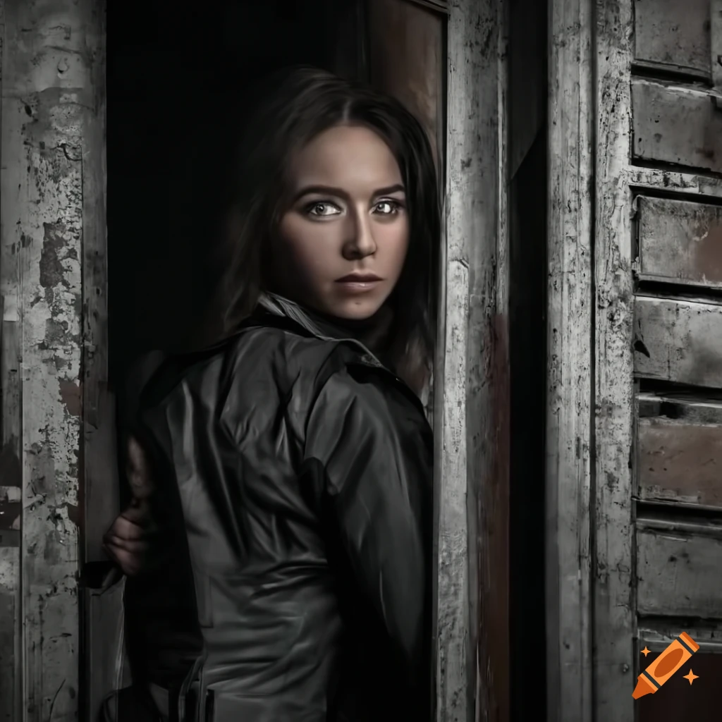 Young woman in country plaid shirt and high waist black leather trousers peeking through a derelict building door