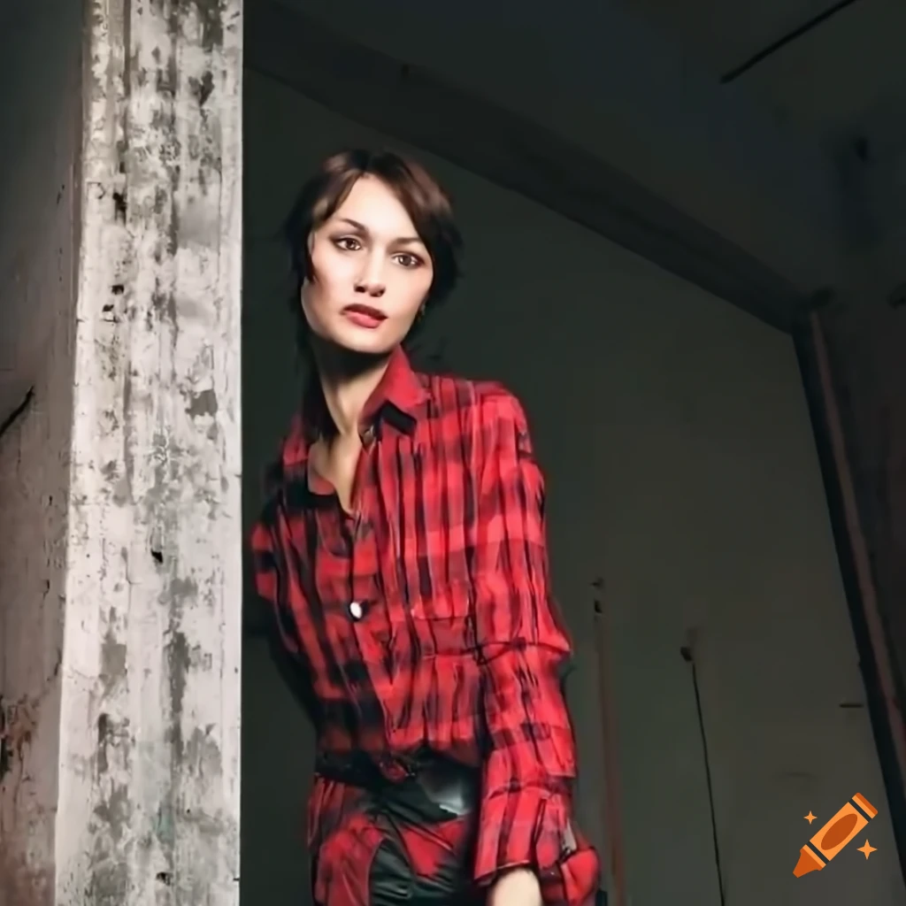 Young woman in red plaid shirt and black leather trousers peeking through a door in a derelict building