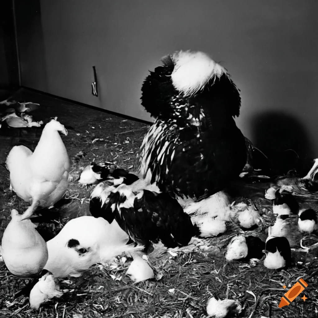 Jelly fungus wig head in livestock farming surrounded by black and white chickens