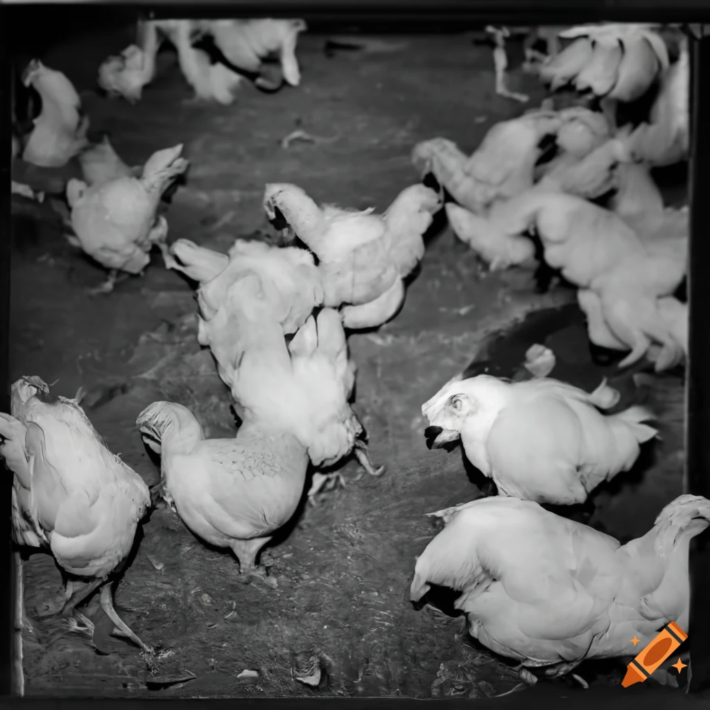 Furry white chicken shadow monster surrounded by small chickens and trash in a market hall