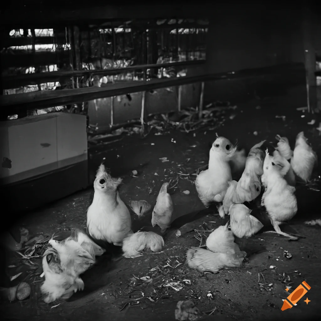 Jelly fungus chicken surrounded by swarming cluster chickens in airport hall, black and white