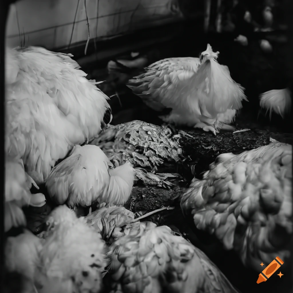 Jelly fungus surrounded by chickens and garbage in a market hall poultry farming scene