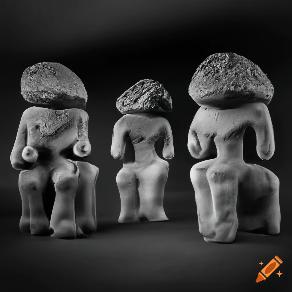 Iridescent coal rocks shaped like Jomon clay figures in a museum showcase