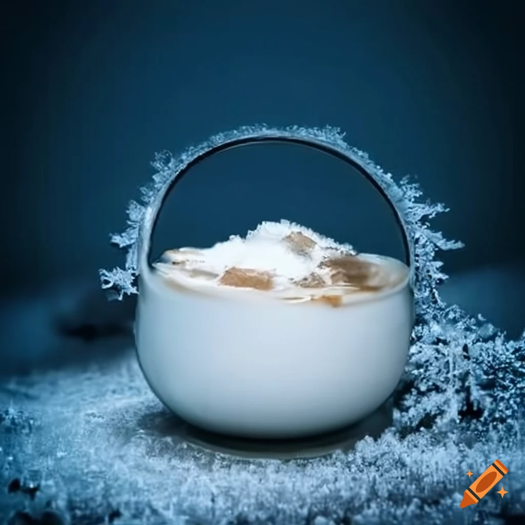 Ancient pot of yogurt surrounded by frost and ice crystals