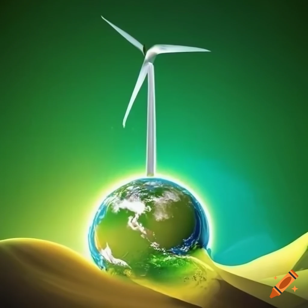 Hand holding green planet Earth with H2V written on it, with wind and solar energy in the background