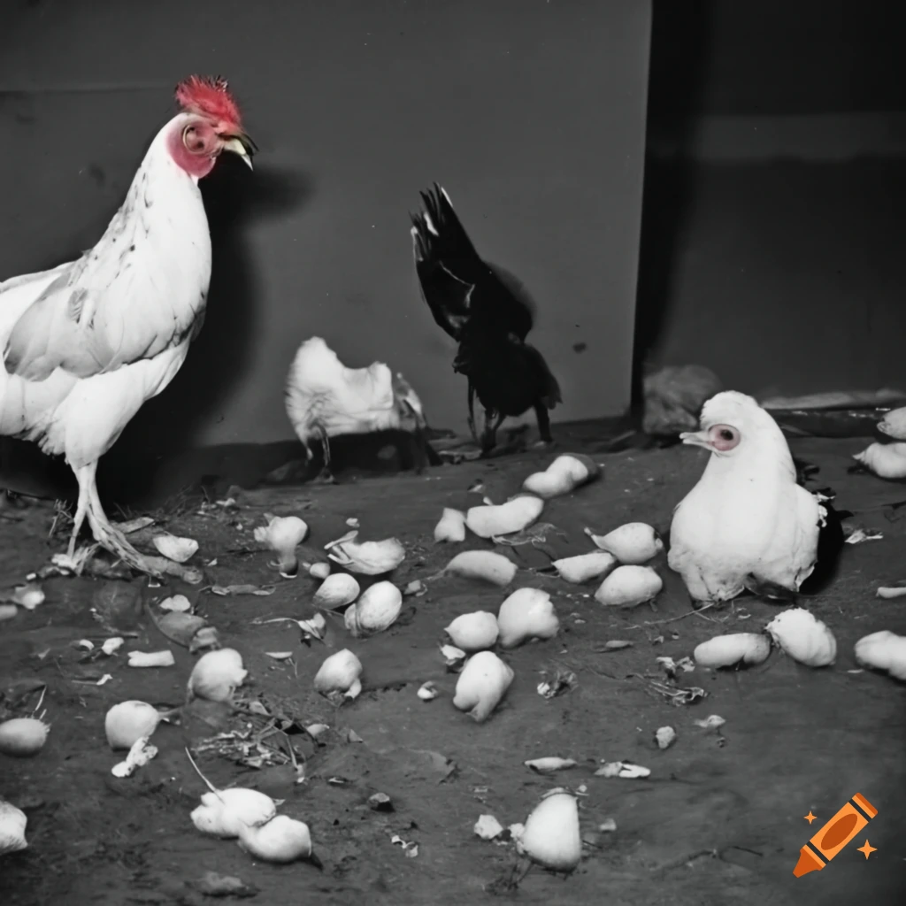 Jelly fungus wig head livestock farming granular white chicken surrounded by small chickens in airport hall