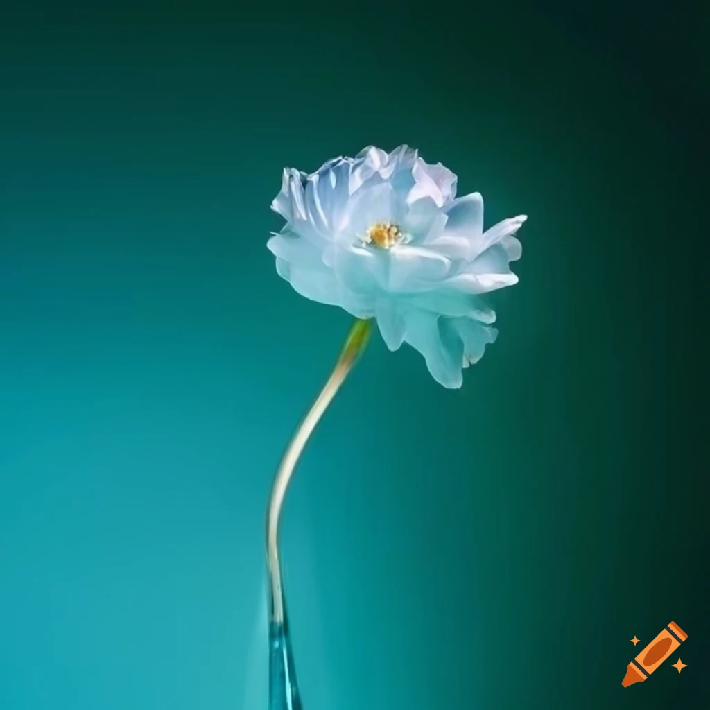 Blume unter Glas. Glas über Blume gestulpt. Hellblau, hellgrün. Blume unter, hinter Glas