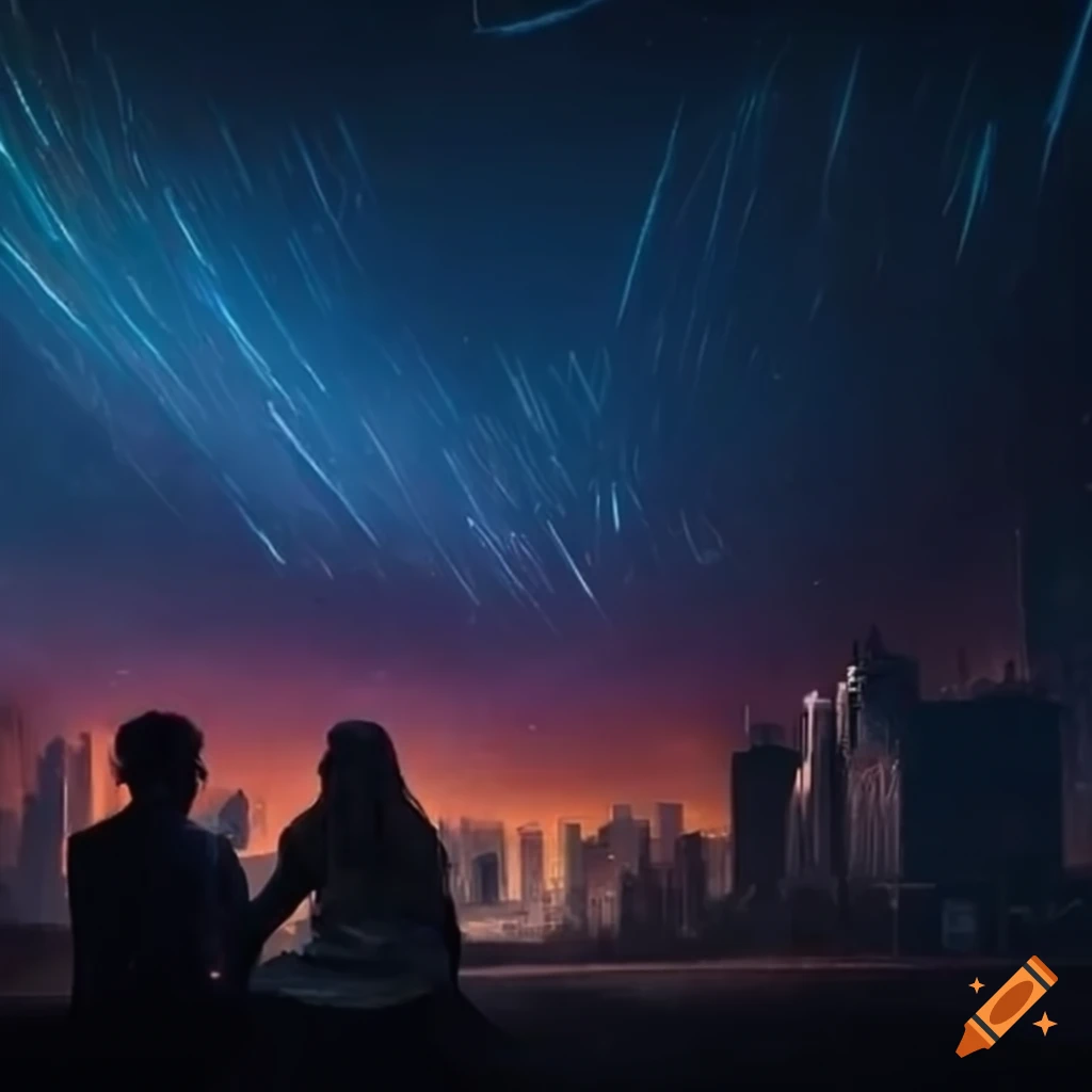 Romantic couple in a post-apocalyptic cityscape under a starry sky with ...